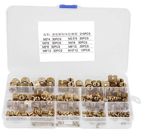 210-teiliges M2-M10 Innengewinde-Zylinder-Set, Messing, gerändeltes Gewinde, runder Einsatz, Einbettungsmuttern, Sortimentskit, Messing-Gewindeeinsätze für Kunststoff-3D-Drucke