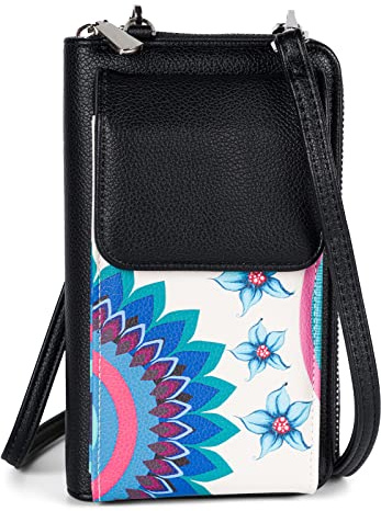 styleBREAKER Damen Mini Handy Umhängetasche RFID Blumen, Weiß-Türkis-Blau