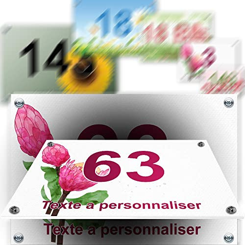 Grande plaque PVC numéro maison décorative - pour rue, garage, porte, et boite aux lettres - collection fleur : 2 lignes personnalisables