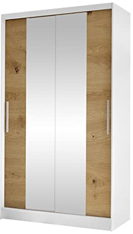 Penderie Margite II avec 2 miroirs, tringle à vêtements et 5 compartiments, armoire de chambre à coucher, armoire à portes coulissantes, penderie, armoire à portes coulissantes (chêne Artisan blanc)