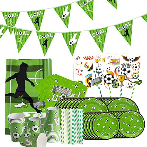 Easy Joy 71er-Set Fußball Geburtstag Deko, Fußball Thema Partygeschirr 32 Pappteller 16 Pappbecher 16 Strohhalme 5 Tattoo-Aufkleber Banner Tischtuch für Weltmeisterschaft Party Geburtstag Junge Kinder