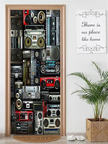 artfanke 3D Door Sticker Peel and Stick 30.3x78.7-Self-Adhesive Wallpaper Waterproof Door Mural Decal-Vintage Radio Boombox of The 80s Wall Poster for Home Decor (2 Sheets/Set)