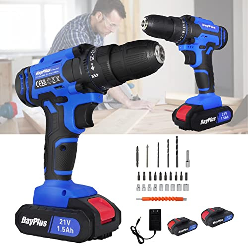 Cordless Combi Drill Set with 21v 1500mAh Rechargeable Batteries and Charger Kit, Battery Powered Electric Wall Drill Wireless DIY Home Drill with 2 Speed, 25+1 Torque
