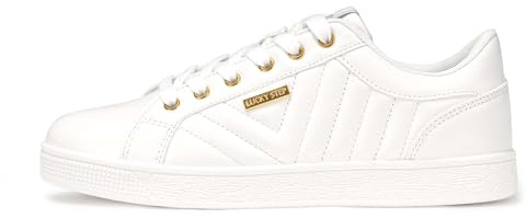 LUCKY STEP Rhinestone Sneakers Lace up | Fashion Sneakers | Sparkly Shoes for Women(White PU,8 B(M) US)