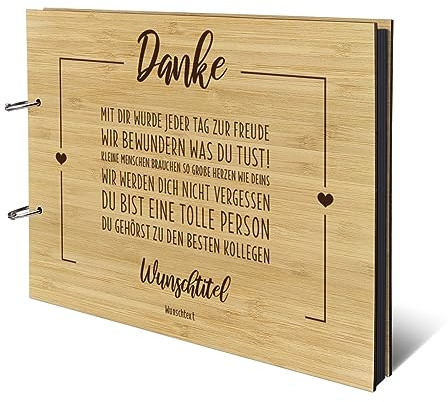 Personalisiertes Fotoalbum echtes Holz DIN A4 Abschiedbuch mit Lasergravur - Kollegen - mit 25 Blatt / 50 Seiten Fotokarton Schwarz