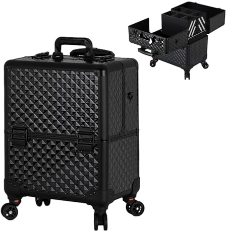 Kosmetikkoffer Pilotenkoffer Beauty Case Reisetrolley Friseurkoffer Kosmetik Trolley, Kosmetik Trolley Rollkoffer Schminkkoffer Mit 360° Drehbaren, Schwarz Aluminium-Kosmetikkoffer