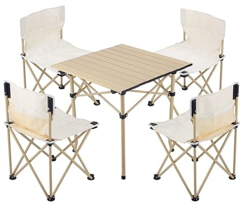 Klappbarer Campingtisch und Stuhl im 5er-Set, robuster Picknicktisch aus Aluminium mit 4 Rasenstühlen aus Oxford-Stoff und tragbarer Tragetasche für Strandgrillen, Sportfischen