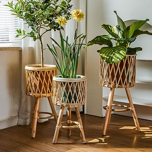 Generisch pflanzenständerSet aus 3 Rattan-Blumentopfständern, handgefertigtem Mid-Century Modern-Übertopf, Pflanzenhalter, Blumendisplay, Pflanzenständer
