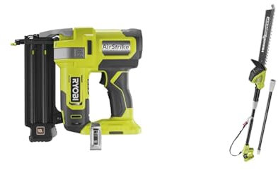 RYOBI R18GN18-0 18V ONE Plus Cordless 18 Gauge Nailer, Hyper Green & ONE+ 18V OPT1845 Cordless Pole Hedge Trimmer, 45cm Green Blade