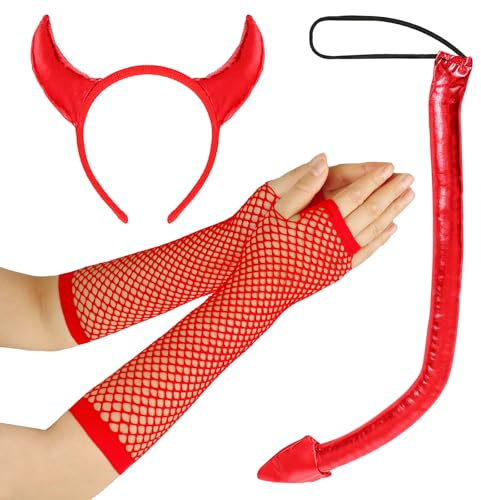 IHLOOTD Teufel Accessoires Damen 4 Stück Teufel Kostüm Zubehör Teufelsschwanz Rot Teufelshörner Haarreif Rote Netzhandschuhe für Cosplay, Masquerade, Karneval, Halloween (A)