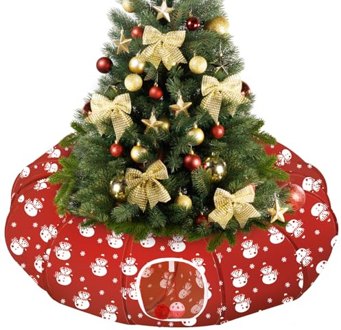 Pawaboo Túnel para Gatos Navidad, Túnel Plegable con Cama para Gatos de Diámetro 90cm con Juguete de Bola de Peluche, Túnels Redondo Plegable para Gatoss Mascotas Pequeñas, Rojo+Muñeco de Nieve