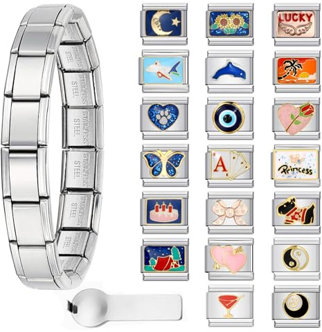 GEMOSA Silver italiensk berlock armband set med 1 st startmässing, 20 st berlockpaket och öppningsverktyg, 9 mm modulär berlockarmband länk handgjord gör-det-själv-smycken