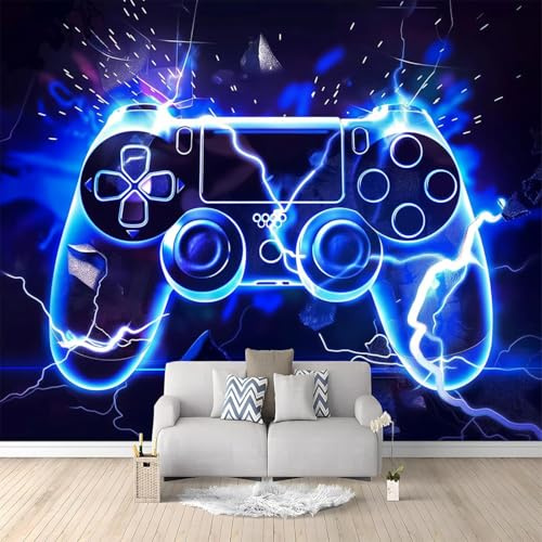 Papier Peint Intissé 3D Manette De Jeu Flammes Bleues Graffiti 400x280 cm Papier Peint Mural Poster Tableaux Muraux Tapisserie Photo, Chambre D'enfants Mural Personnalisé pour Salon Chambre Décor