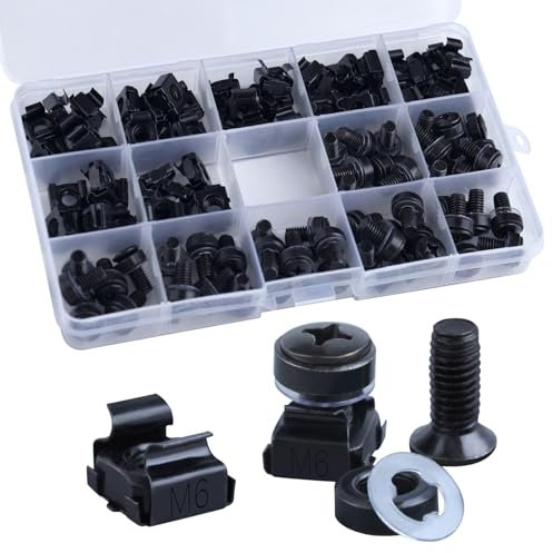 LEONTOOL 50er Pack M6 x 16 mm Rackmount-Käfigmuttern, Schrauben und Unterlegscheiben, Rackmontageschraube und Vierkant-Einsatzmutter für Rackmount-Serverschrank, Server-Racks, Gehäuse