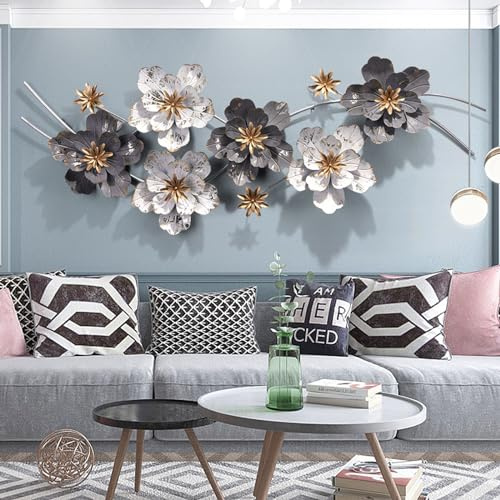 Große Wanddekoration aus Metall für Wohnzimmer, moderne Luxus-Wandskulptur mit 3D-Blumen, große Metall-Wanddekoration für Wohnzimmer, Esszimmer, Schlafzimmer und Außendekoration
