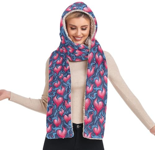 Winter-Kapuzenschal Mütze Handschuh 3-in-1-Mütze und Schal in 1 Kapuzenschal Mütze, Rotes und blaues Herz, Einheitsgröße