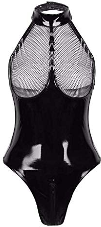 Gefomuofe Damen Wetlook Body Catsuit Jumpsuit mit Reißverschluss Turnanzug Leder Clubwear Onesie Strampler Party WäSche Backless Babydoll Negligee Latex Kleidung Party Clubwear