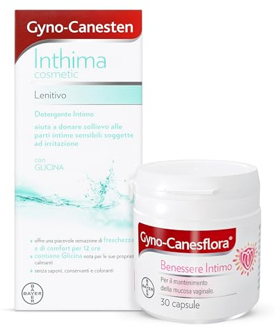 Gyno-Canesten Inthima Cosmetic Lenitivo + Gyno-Canesflora Benessere Intimo, Detergente Igiene Intima + Integratore Orale Per Donna a Base di Lactobacilli e Vitamina B2 30 capsule