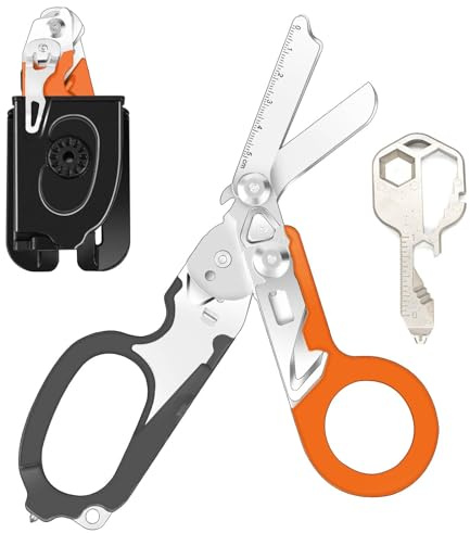 Awaiymi 6 in 1 Traumaschere mit Schere, Zange & 24 in 1 Multifunktions-Schlüssel, Notfall-Schere mit Gurtschneider & Glasbrecher, Rettungsschere für Outdoor-Camping (Schwarz+Orange)