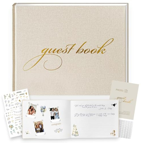 VersaNest Premium Wedding Guest Book with 200 Stickers – Elegant Linen Guest Sign in Book for Wedding Reception, Polaroid Photo Corners & Table Sign, Keepsake Memory Book