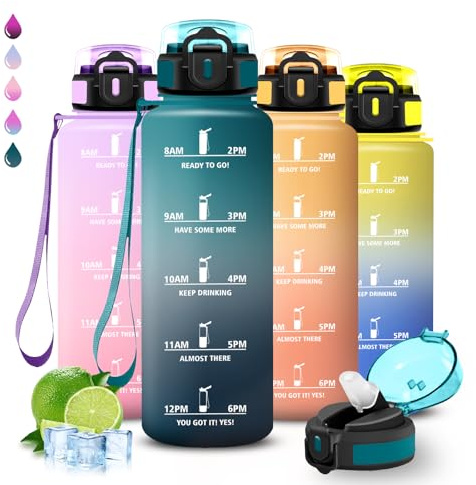 Grsta Gourde- 1,5l- Gourde Sport, Anti Fuite, Bouteille Graduée pour 1 Journee, Facile à Transporter, Bouteille Motivation, avec Slogan de Motivation, pour Aptitude, Yoga, Camping, Randonnée, Vélo