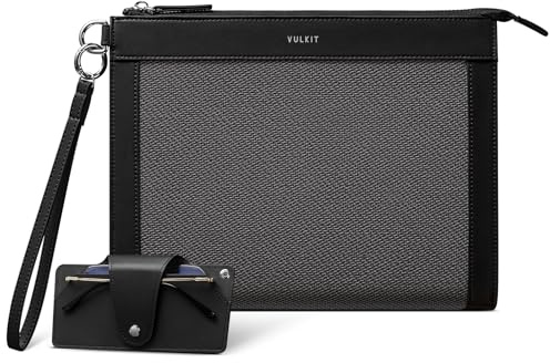 VULKIT Mens Clutch Bag, Pouch Bag for Men with Removable Glasses Case, Large Wrist Band Zipper Wallet, Business Handbag