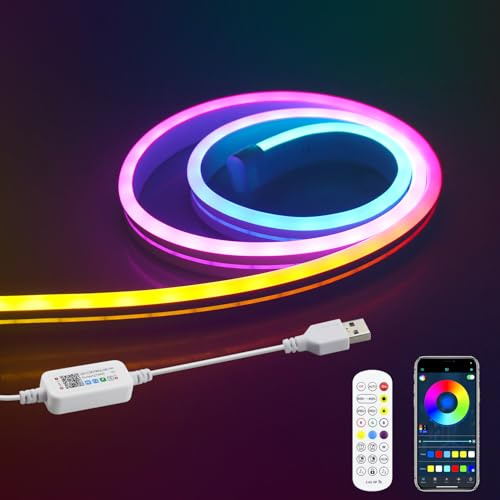 Aclorol Neon LED Strip 1M USB 5V IP65 Wasserdicht RGB Neon LED Streifen mit App-steuerung and Fernbedienung Musik Sync für Wohnzimmer Schlafzimmer Spiele Home DIY Dekoration Beleuchtung CRI90+