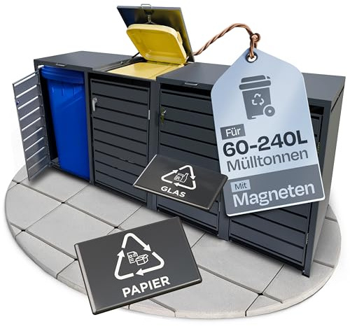 EDELFELD - Wetterfeste Mülltonnenbox für 4 Tonnen [bis 240L] - Abschließbare Mülltonnenverkleidung aus massivem Stahl - 4er Mülltonnenbox mit Soft Close - Inkl. Magnete zur Müllbox Beschriftung