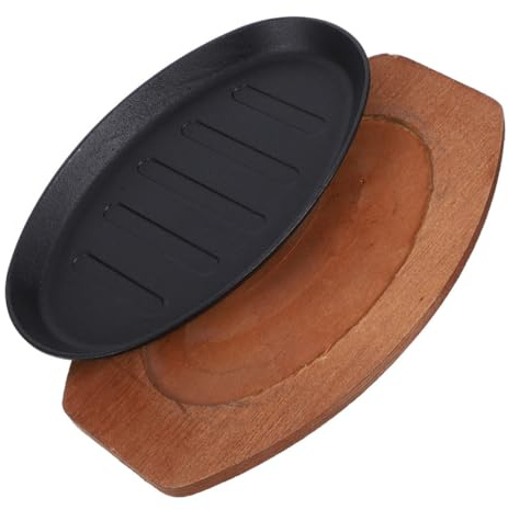 SHINEOFI Assiette à Steak Fonte avec Plateau Bois Poêle Fajita Anti-brûlure Plaque de Cuisson Fonte Polyvalente pour Barbecue Cuisine à Domicile et Restauration