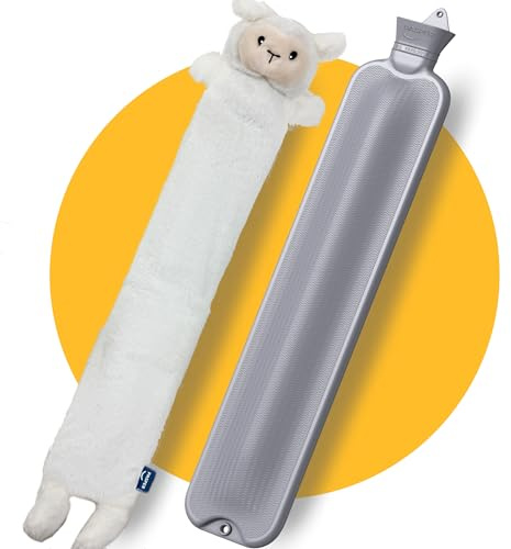 Pasper Wärmflasche mit Bezug - Extra Lang - 3,5 Liter XXL - Nahtlos - Schaf | 8 Stunden Wärme | 75 cm extralang | Weicher Bezug | Patentiertes Design