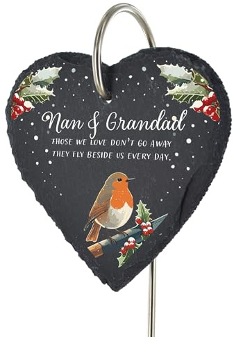 For Heaven Slates Nan & Grandad — Christmas Robin Memorial Headstone Decoration — Those we love don’t go away they fly beside us everyday — Outdoor Ground Stake — Slate Heart — Christmas Memorial