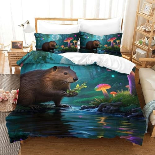 QIAVXZIP 3D Imprimé Castor Sets Housse De Couette 3Pcs Literie avec 2 X Taies d'oreiller Fermeture Éclair Microfibre Double（200x200cm）