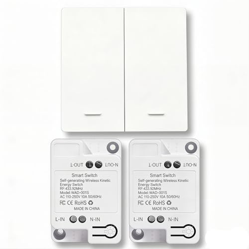 Kinetic Wireless Light Switch and Receiver Kit, Self-Powered Double Control Switch No Battery No WiFi Needed, Up to 656ft Range, White (Dual Button)