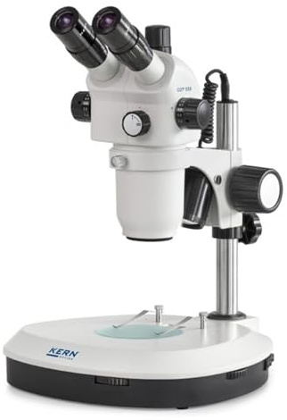 KERN Optics Stereo-Zoom Mikroskop für Flexible und Professionelle Anwender, Trinokular Tubus, 0.6x - 5.5x Objektiv, Säule, 3W-LED Auflicht, Durchlicht