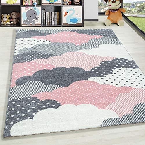 HomebyHome Kurzflor Kinderteppich für Jungen und Mädchen Wolke Design 80 x 150 cm Rosa - Waschbarer Teppich Extra Weich und Antiallergen - Teppich für Kinderzimmer, Babyzimmer und Spielzimmer