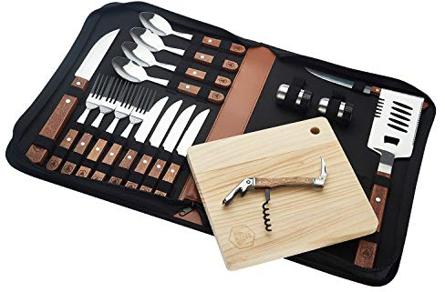 LAGUIOLE - Set Complet pour Pique-Nique - 18 pièces - Couteaux - Fourchettes - Tire-Bouchon - Manches en Bois de Pin