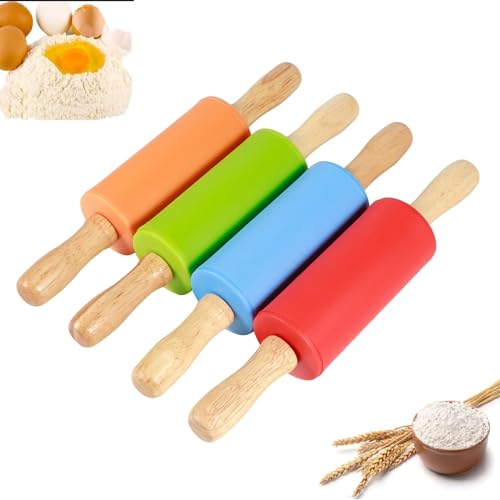 Nikou Mini mattarello - 4 Pezzi Manico in Legno Antiscivolo perni in Silicone Antiaderente Resistenza al Calore per Strumento di Cottura da Cucina Domestica