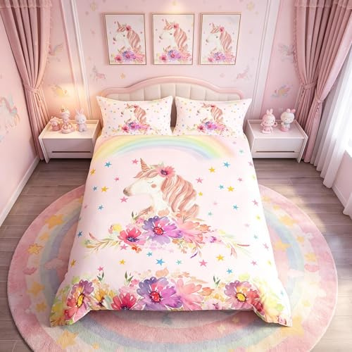 Loussiesd Girls Unicorn Bedding Set Super King Dreamy Horse Stars Duvet Cover Set Microfiber Kids Boys Teens Rainbow Magical Animal Bedclothes Fantasy Unicorn Decor Pink
