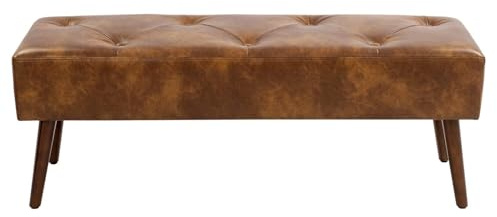 Furniliving 44 tum tuftade läderbänkar, läderfotstol sovrumsbänk, upprätt tuftade beathable tyger ottoman bänk med X-formade träben för kök, massivt trä inomhusbänk