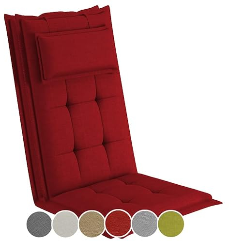 sunnypillow 2 Stück Gartenstuhlauflagen mit abnehmbarem Kopfpolster - 120 x 50 x 9cm - Stuhlauflagen Hochlehner, Auflage für Gartenmöbel - Sitzauflagen Outdoor, wasserdicht UV-Lichtecht - Rot