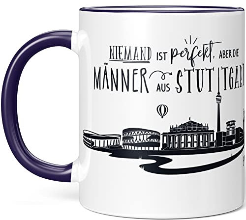 JUNIWORDS Tasse, Niemand ist perfekt, Aber die Männer aus Stuttgart sind verdammt nah dran, Lila (1006883)