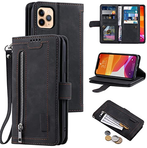 EYZUTAK Wallet Phone Case for iPhone 14 Pro Max, Retro Matte 9 Card Holder Slots Zipper Pocket Case PU Leather Magnetic Closure Kickstand with Wrist Strap Folio Flip Case - Black