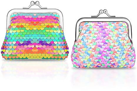 WisePoint Change Purse 2 Packs, Nylon Coin Purse for Women and Girls, Double Sided Sequin Coin Purses Coin Wallet with Kiss Lock Closure, Colorful Coin Pouch for Change, Keys, Lipstick