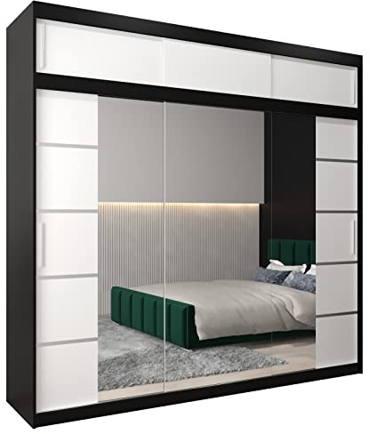 ABIKSMEBLE Verona 4 250 Armario 2 Puertas Correderas para Dormitorio - Armario Moderno con Espejo, Barra y Estantes - 250x240x62 cm (Ancho x Alto x Fondo) - Negro Mate + Bianco Mate con Extensión
