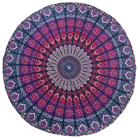 Popular Handicrafts Runder Wandteppich, indisches Mandala, Strandtuch, Wandteppich, Wandbehang, Hippie, Boho, , Baumwolle, Tischdecke, Yoga-Bettlaken, 127 cm, Blau, mehrfarbig