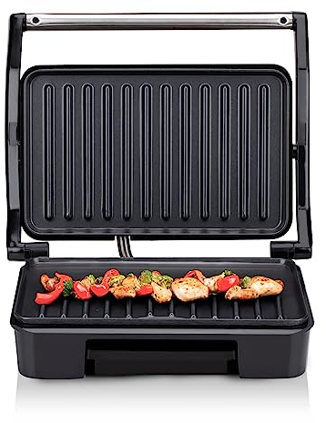 alpina Parrilla de contacto – 750 W – Optigrill – Panini Grill – Revestimiento antiadherente – Luz indicadora – Bandeja de goteo extraíble – Plancha 23 x 14,5 cm – Plateado/Negro
