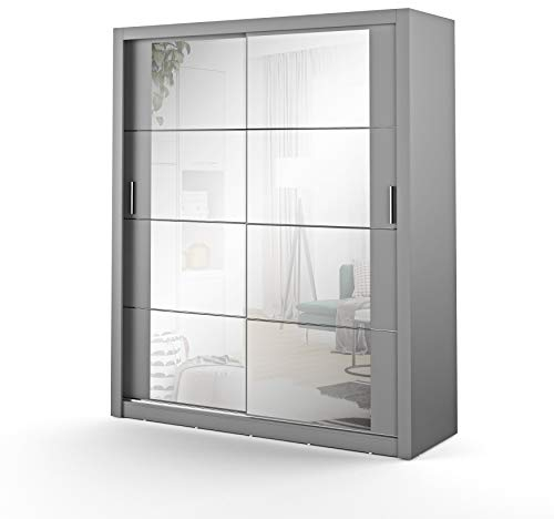 MINIO go for it - Kleiderschrank ERTA 3, mit Spiegeln, 180 cm Breit, Schiebetürenschrank mit Kleiderstangen und Einlegeboden, Schlafzimmer Möbel, Farbe: Grau matt