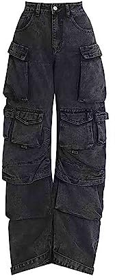 Pantaloni cargo da donna Y2K abbigliamento multi-tasca jeans vestibilità rilassata vestiti grunge Alt Emo Hip Streetwear, grigio scuro, M