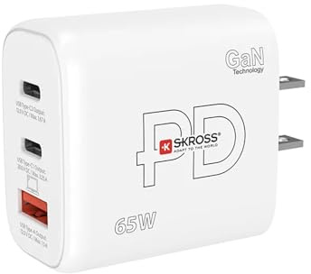 SKROSS - Power Charger 65W GAN US - PC Cargador, Tableta, Smarthone con Carga rápida 65 W - Cargador con 3 Dispositivos USB (USB 18W + C 20W + C 65W) Socket de EE. UU.