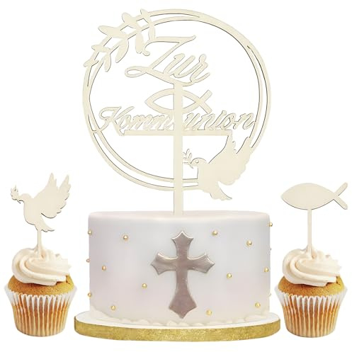 Kommunion Cake Topper,Taufe Holz Tortendeko,Kommunion Kuchenaufstecker | Kommunion Torten Topper,Cake Topper Taufe,Personalisierter Tortenstecker aus Umweltfreundlichem Holz,16cm Durchmesser